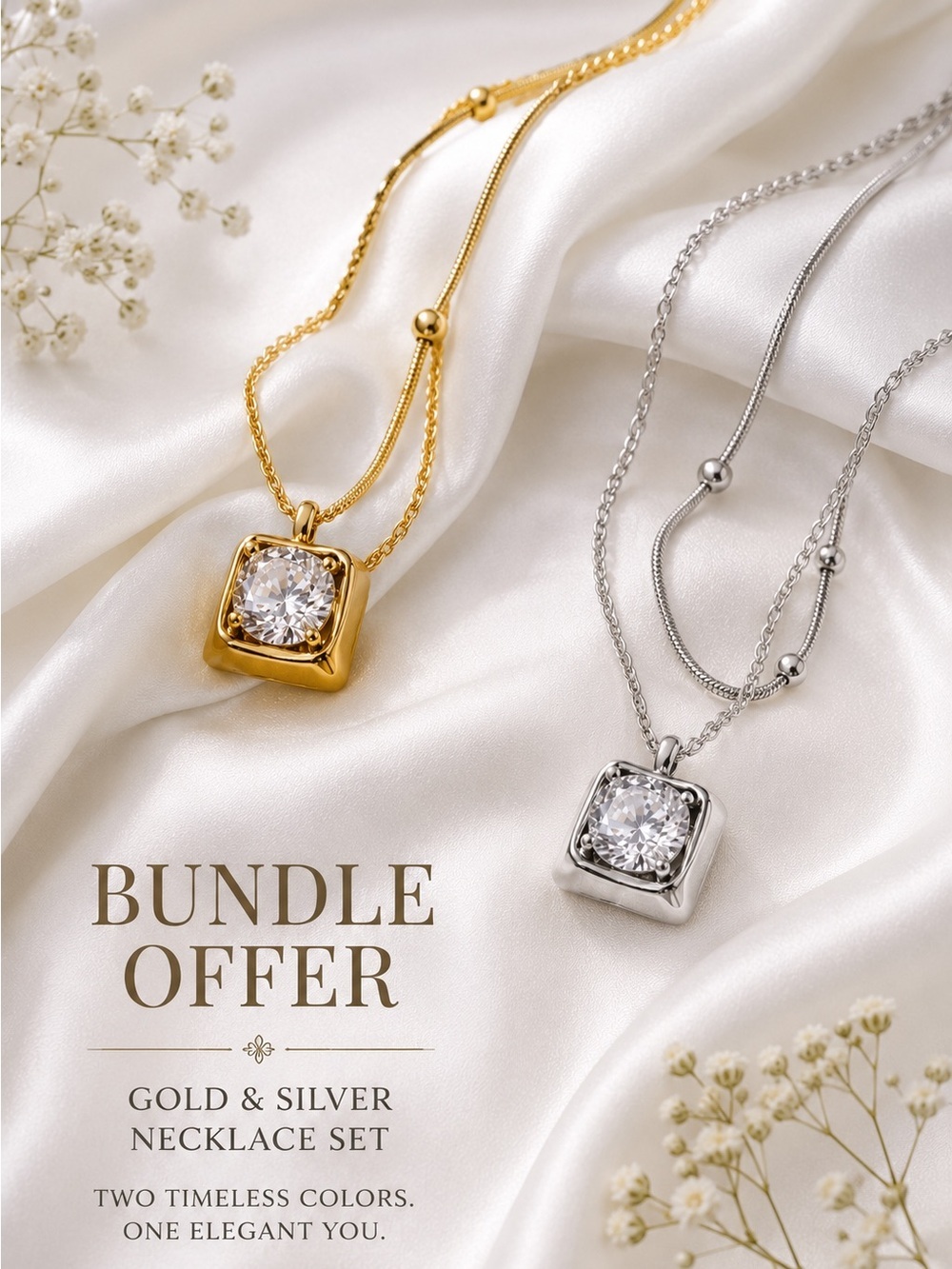 Bundle! Gold tone and Silver tone Square Pendant Necklace Set with Clear Crystal